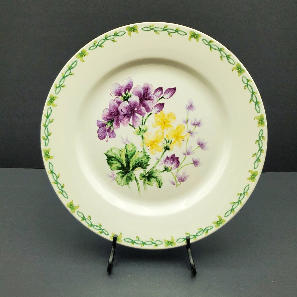 Thomson Pottery Floral Garden Geraniums Dinner Plate Purple Yellow Flower Plate